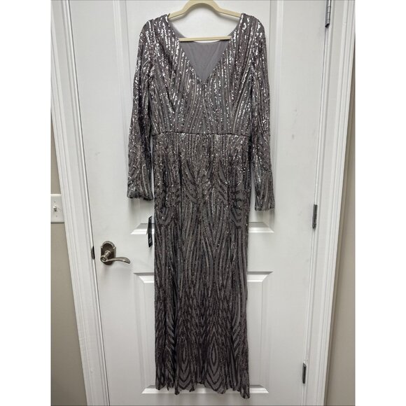 Adrianna Papell Size 12 Stone Gray Sequin Gown Long Sleeve Cocktail, Formal Maxi - Picture 8 of 12